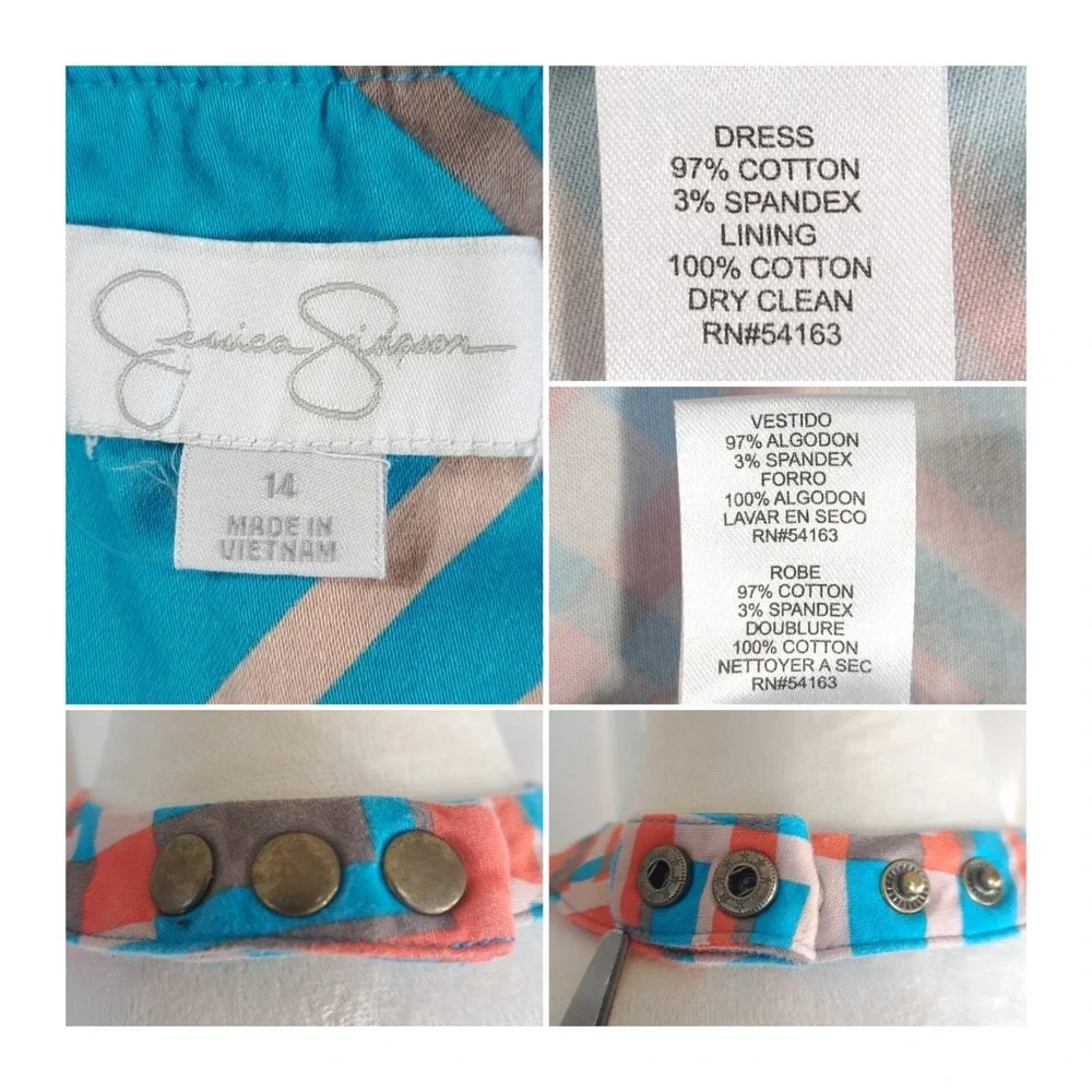 Jessica Simpson Dress Size 14 Blue Geometric Halter Pockets Stretch Cotton Lined